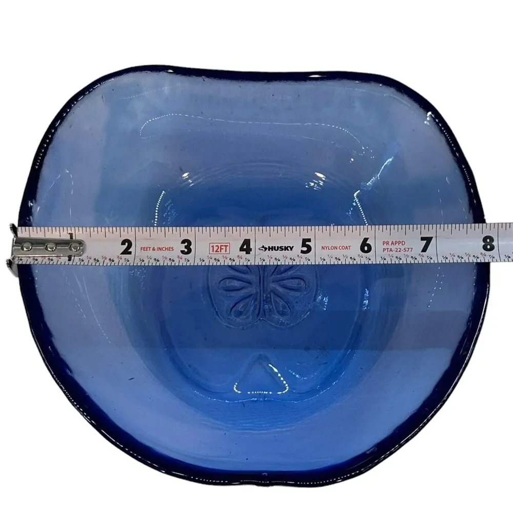 Apple Shaped Blue Art Glass Bowl Fruit Dish Imprinted Core Cottagecore Vintage